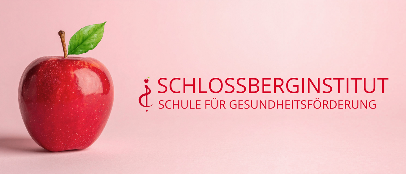Ein rosa Apfel mit einem Blatt oben steht neben den Worten Schlossberg Schule fur Gesundheit in Rot.