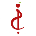 Ein rundes Logo mit einem roten Apfel auf einem roten Buchstaben I.