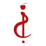 Ein rundes Logo mit einem roten Apfel auf einem roten Buchstaben I.