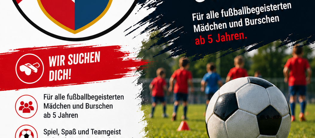 Plakat für FC Ober-Grafendorf Fußballtraining für Kinder ab 5 Jahren, mit einem Fußball, Kindern in roten Uniformen und einem Teamwappen. Das Plakat hebt das Trainingsprogramm, qualifizierte Trainer und einen starken Teamgeist hervor.