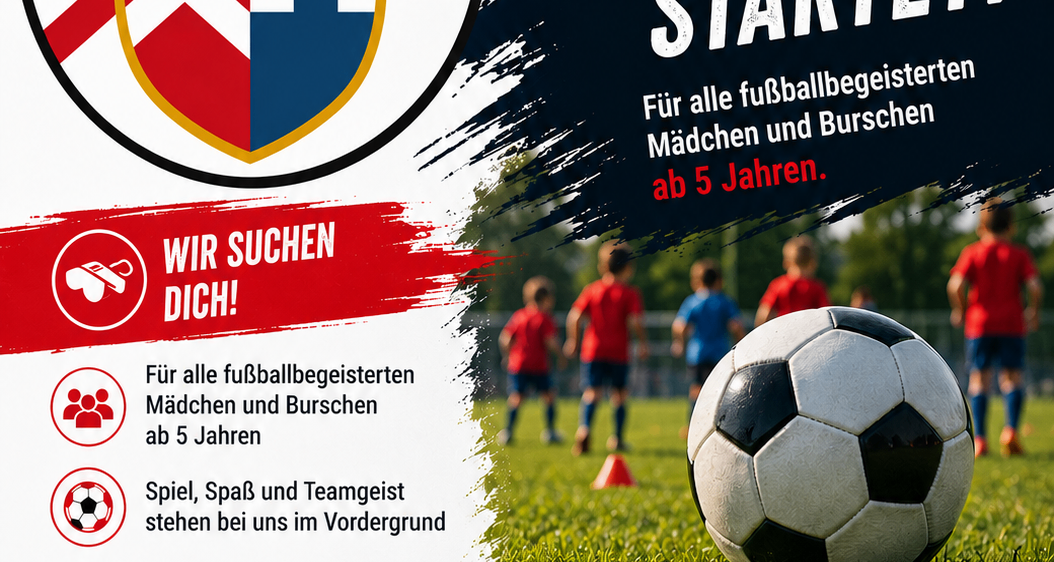 Plakat für FC Ober-Grafendorf Fußballtraining für Kinder ab 5 Jahren, mit einem Fußball, Kindern in roten Uniformen und einem Teamwappen. Das Plakat hebt das Trainingsprogramm, qualifizierte Trainer und einen starken Teamgeist hervor.