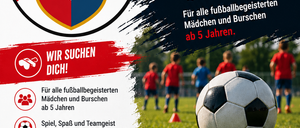 Plakat für FC Ober-Grafendorf Fußballtraining für Kinder ab 5 Jahren, mit einem Fußball, Kindern in roten Uniformen und einem Teamwappen. Das Plakat hebt das Trainingsprogramm, qualifizierte Trainer und einen starken Teamgeist hervor.