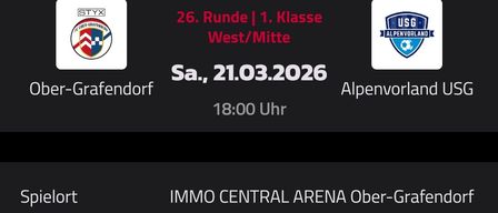 Fußballspiel zwischen Ober-Grafendorf und Alpenvorland USG am 21.03.2026 um 18:00 Uhr. Der Austragungsort ist IMMO CENTRAL ARENA Ober-Grafendorf. Die Kopf-an-Kopf-Bilanz zeigt 6 Siege für Ober-Grafendorf, 2 Unentschieden und 1 Niederlage für Alpenvorland USG.