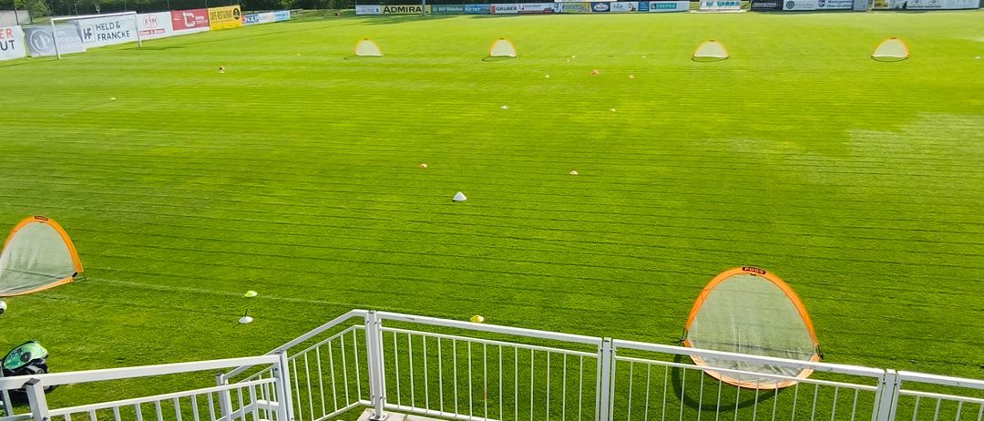 Blick von den Tribünen eines Fußballfeldes mit grünem Rasen und Trainingsausrüstung. Die Tribünen sind leer und das Feld ist von Bäumen umgeben.