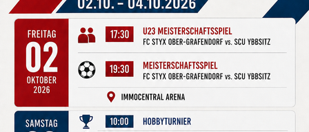 Plakat zum 10-jährigen Jubiläum von FC Styx Ober-Grafendorf mit Fußballspielen, Grillparty und Party am 2. und 3. Oktober 2026.