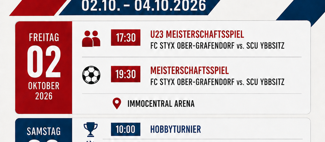 Plakat zum 10-jährigen Jubiläum von FC Styx Ober-Grafendorf mit Fußballspielen, Grillparty und Party am 2. und 3. Oktober 2026.