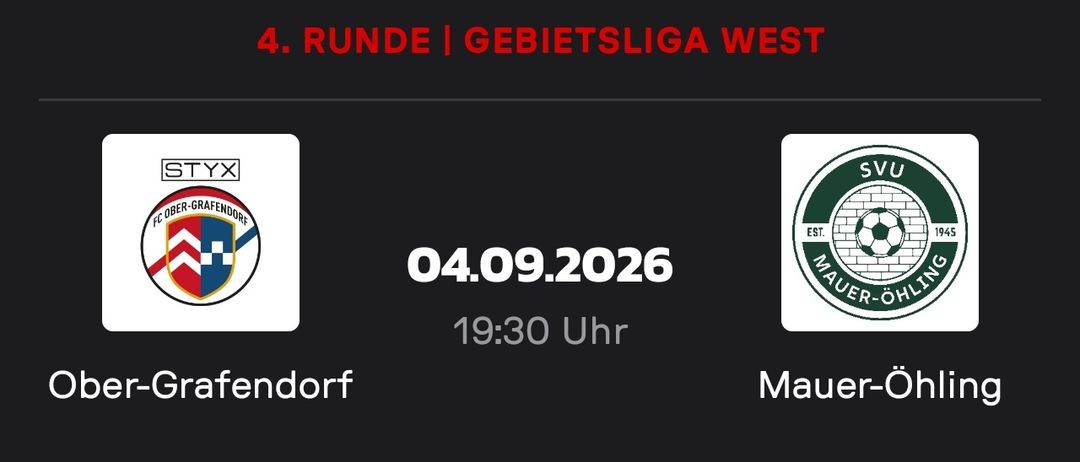 Ein Sportereignis-Poster für die 4. Runde der Gebietsliga West am 4. September 2026 um 19:30 mit den Teams Fendorf und Mauendorf.