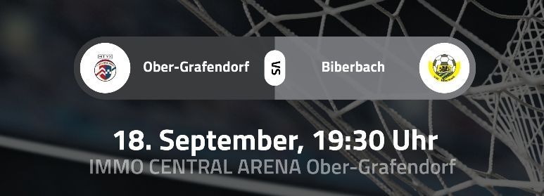 A soccer match announcement for Ober-Grafendorf vs. Biberbach on September 18 at 19:30 at Immo Central Arena Ober-Grafendorf.