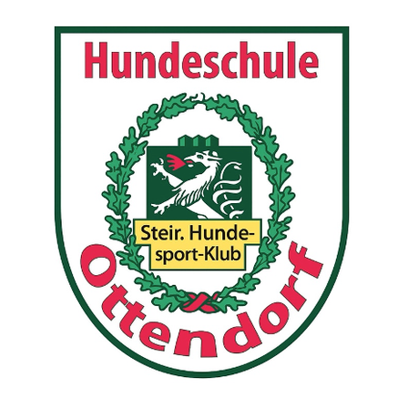 Das Logo der Hundeschule Ottendorf, einer Hundetrainingsschule, zeigt einen Schild mit einem Löwen und einer Girlande, mit dem Text 'Steir. Hunde-Sport-Klub'.