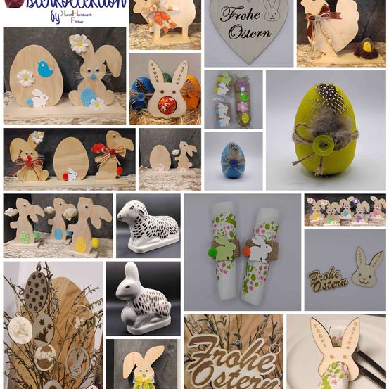 Eine Collage verschiedener Osterdekorationen aus Holz und anderen Materialien. Beinhaltet Holzhasen, Eier und herzförmige Schilder mit 'Frohe Ostern' darauf.