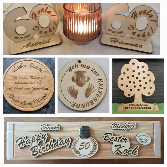 Sammlung personalisierter Holztafeln. Tafeln beinhalten '60 Danke Astrid', '60 Danke Hannes', 'Lieber Seppi!', 'geh ma zur keihle', 'Alfreds Baum', 'Happy Birthday 50' und 'Bester Koch'.