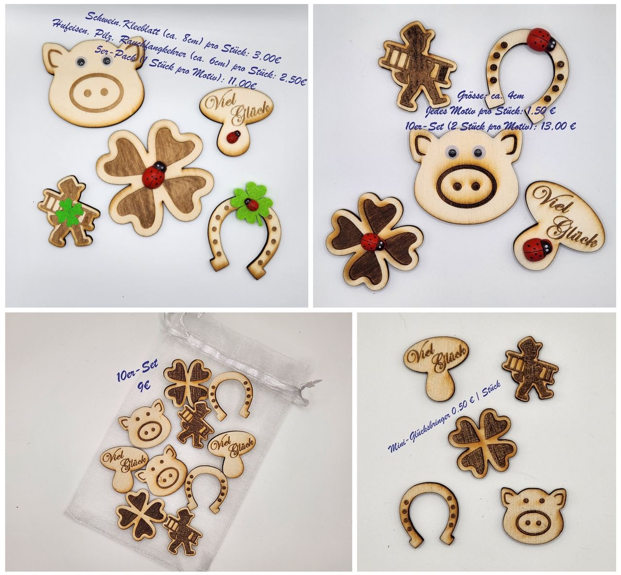 Sammlung von Holzanhängern mit verschiedenen Motiven wie Schweinen, Hufeisen, Marienkäfern und Kleeblättern. Die Artikel sind in verschiedenen Größen erhältlich und können einzeln oder im Set gekauft werden. Der Preis ist für jedes Stück angegeben.