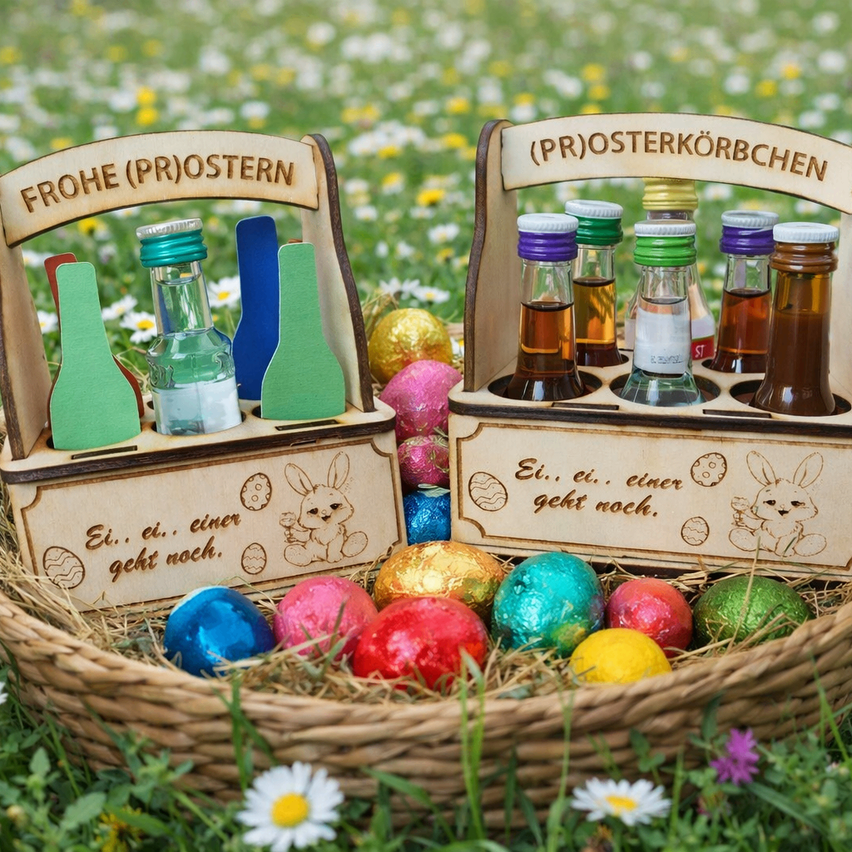 Zwei hölzerne Osterkörbe gefüllt mit bunten Eiern und kleinen Flaschen, einer beschriftet mit Frohe (PR)Ostern, der andere mit (PR)Osterkörbchen.