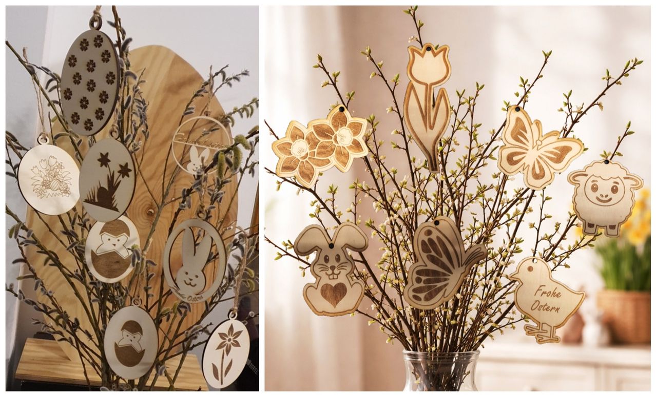 Zwei Bilder zeigen hölzerne Osterdekorationen. Das linke Bild zeigt Ornamente, die von einem Ast hängen, einschließlich eines Hasen, einer Blume und eines Kreises. Das rechte Bild zeigt einen Strauß in einer Vase mit hölzernen Osterdekorationen, einschließlich eines Hasen, einer Tulpe, eines Schmetterlings und eines Vogels.
