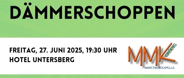 Ein Plakat lädt zu einem Blasmusikkonzert im Hotel Untersberg ein. Das Event findet am Freitag, 27. Juni 2025, um 19:30 Uhr statt. Das Plakat zeigt Musikinstrumente und ein musikalisches Notendesign.