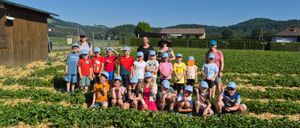 Eine Gruppe von Kindern und Erwachsenen posiert für ein Foto in einem Feld mit Erdbeeren, umgeben von Bergen.