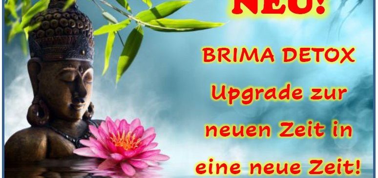 Eine ruhige Buddha-Statue im Wasser mit einer rosa Lotusblume. Im Hintergrund steht in Rot 'NEU! BRIMA DETOX Upgrade zur neuen Zeit in einer neuen Zeit!'