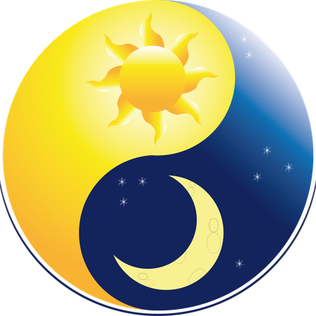 Kreisförmige Illustration mit einer hellen Sonne links und einem Halbmond rechts, symbolisiert Tag und Nacht.