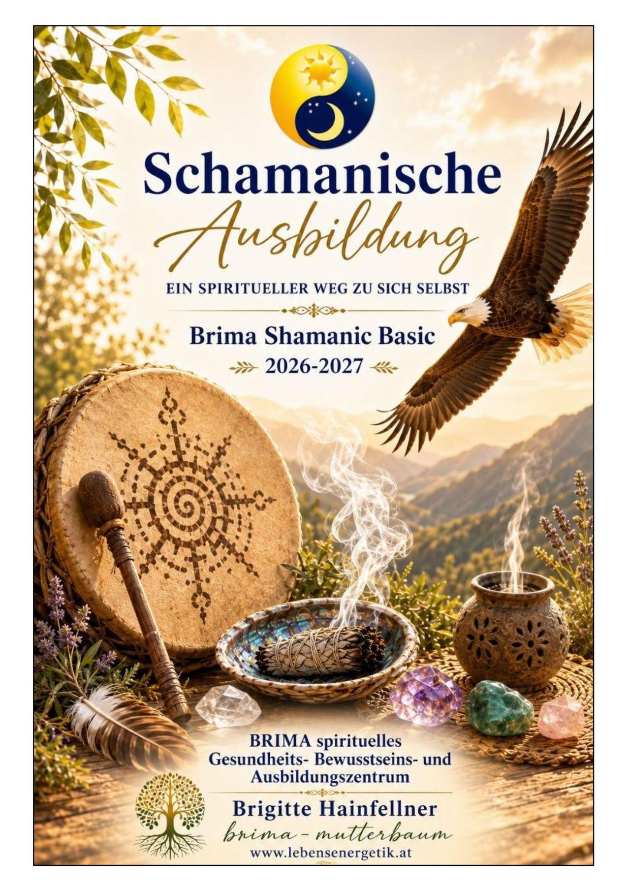 Poster für einen schamanischen Ausbildungskurs mit einem Adler im Flug, einer Trommel und verschiedenen mystischen Gegenständen. Der Plakathintergrund ist mit Rauch und Bergen gestaltet.