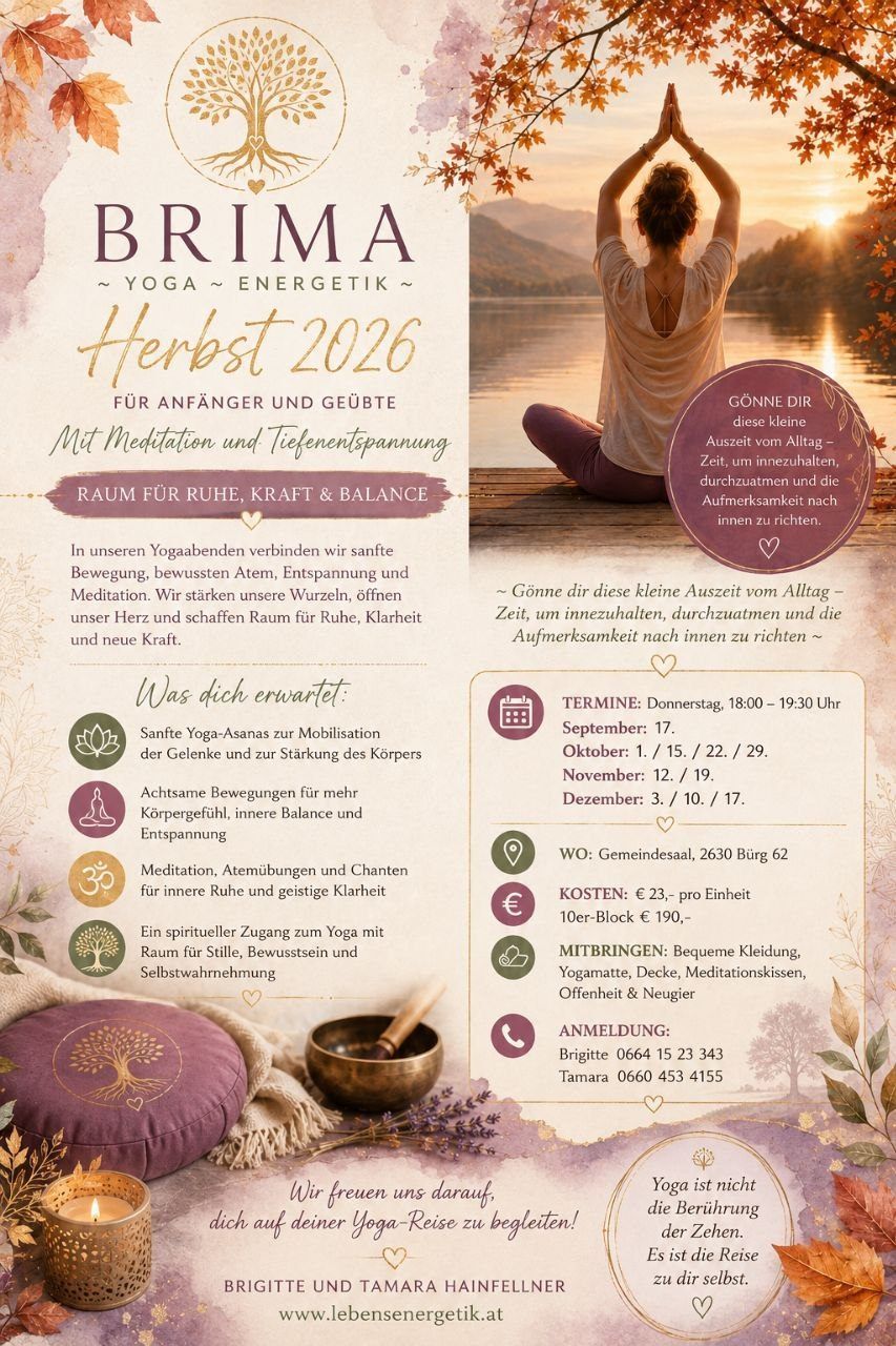 Ein Bild für eine Yoga- und Energetikklasse im Herbst 2026. Es umfasst Yoga-Posen, Meditation, Atmung und Entspannung. Zeitplan, Ort und Anmeldeinformationen werden bereitgestellt.