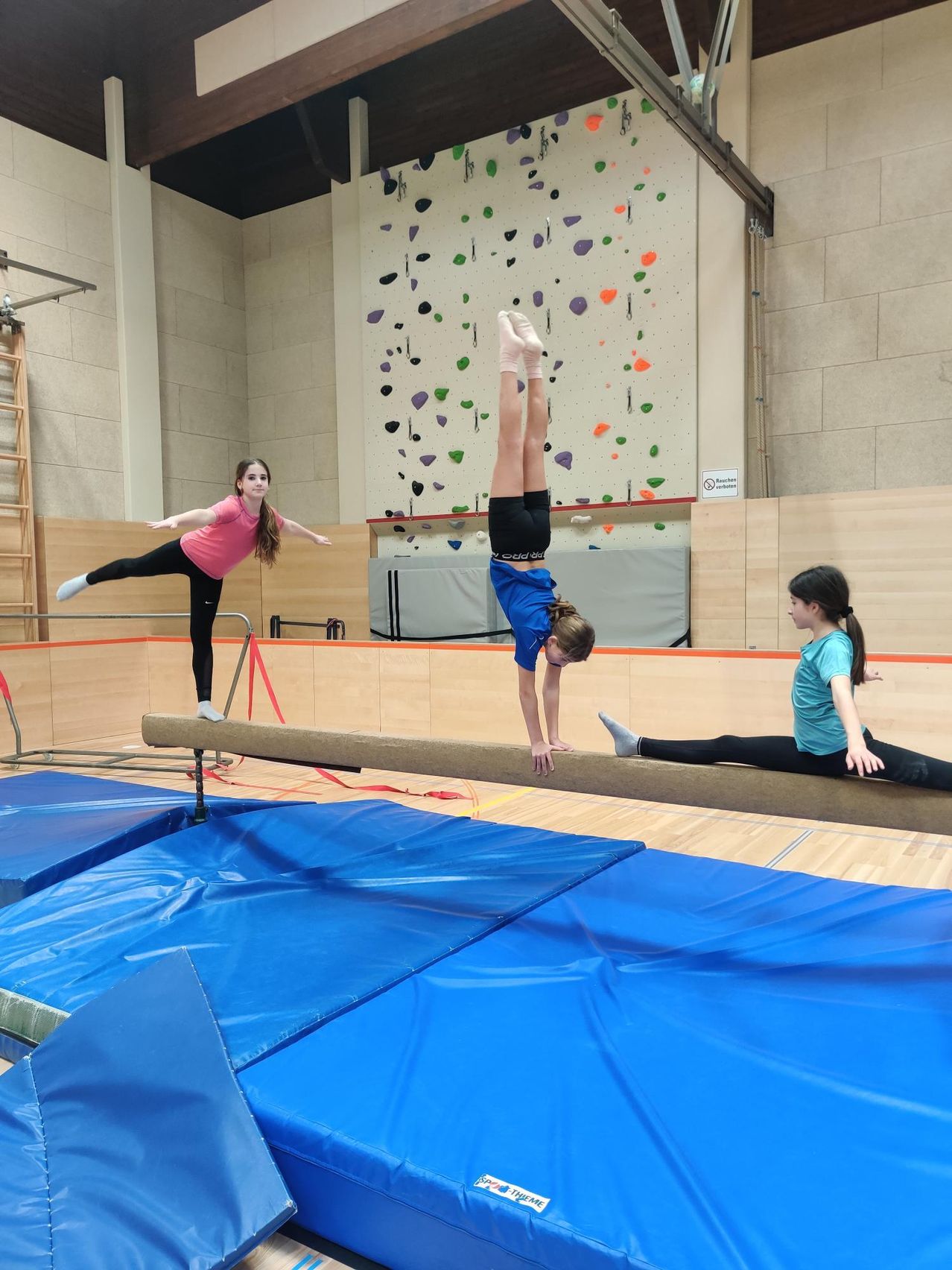 Drei Mädchen in einem Fitnessstudio, eine macht einen Handstand auf einer Balancestange, eine andere streckt sich und eine beobachtet. Im Hintergrund befindet sich eine Kletterwand.
