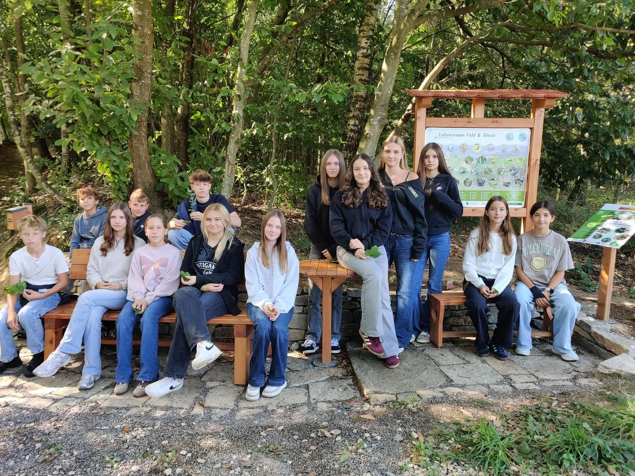 Eine Gruppe junger Menschen sitzt auf einer Bank im Wald.