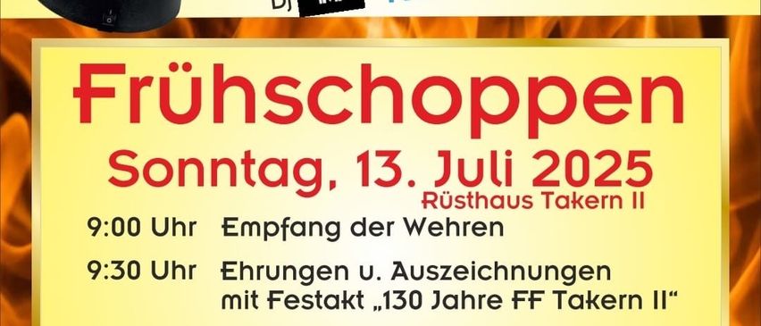 Veranstaltungsflyer für Blaulichtparty am 11. Juli 2025 im Rusthaus Takern II. Beginn um 20:30 Uhr mit DJ. Brunch am 13. Juli 2025 mit verschiedenen Aktivitäten ab 9:00 Uhr.