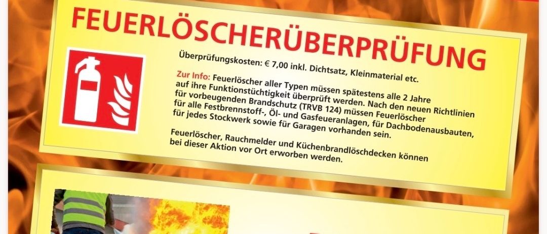 Plakat für die Feuerlöscher-Überprüfungsaktion am 5. September 2026. Details umfassen Zeit, Ort und Kosten. Zeigt ein Bild eines getesteten Feuerlöschers.