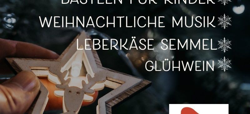 Ein Plakat für ein festliches Event am 13. Dezember 2025 mit einer Hand, die einen Sternenschmuck mit einem Hirsch hält, und Weihnachtsmusik. Aktivitäten umfassen Basteln für Kinder, Käseverkostung und Glühwein.