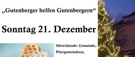 Ein Plakat für die Gluhweinstand-Veranstaltung am 21. Dezember. Das Plakat zeigt Bilder von Tassen mit heißen Getränken und Waffeln, zusammen mit einem geschmückten Weihnachtsbaum. Die Veranstaltung beginnt um 16 Uhr.