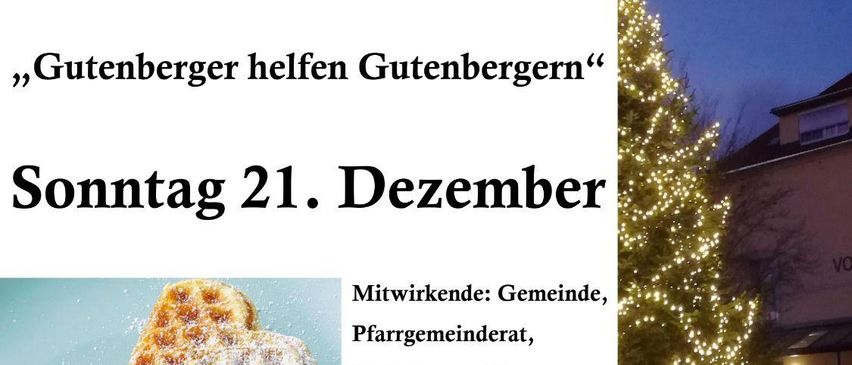 Ein Plakat für die Gluhweinstand-Veranstaltung am 21. Dezember. Das Plakat zeigt Bilder von Tassen mit heißen Getränken und Waffeln, zusammen mit einem geschmückten Weihnachtsbaum. Die Veranstaltung beginnt um 16 Uhr.