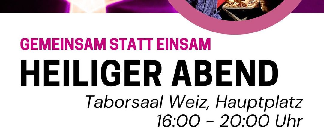 Plakat für eine Gemeinschaftsveranstaltung mit dem Titel 'Heiliger Abend' am 24. Dezember 2025 von 16:00 bis 20:00 Uhr. Es zeigt eine Krippe mit einem violetten Kreis darum. Die Veranstaltung lädt alle ein, den heiligen Abend gemeinsam zu feiern.