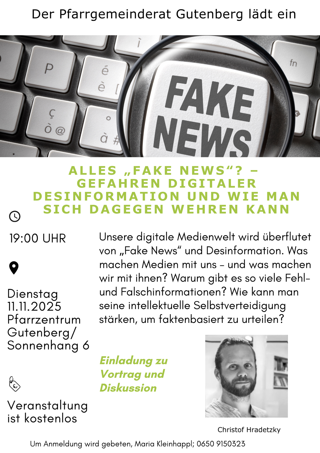 Ein Poster mit 'Fake News' auf einer Tastatur. Der Titel lautet 'Sind alle 'Fake News' - digitale Gefahren Desinformation und wie man sich dagegen wehren kann'. Die Veranstaltung ist am Dienstag, 11. November 2025 um 19:00 im Pfarrzentrum Gutenberg/Sonnenhang 6.