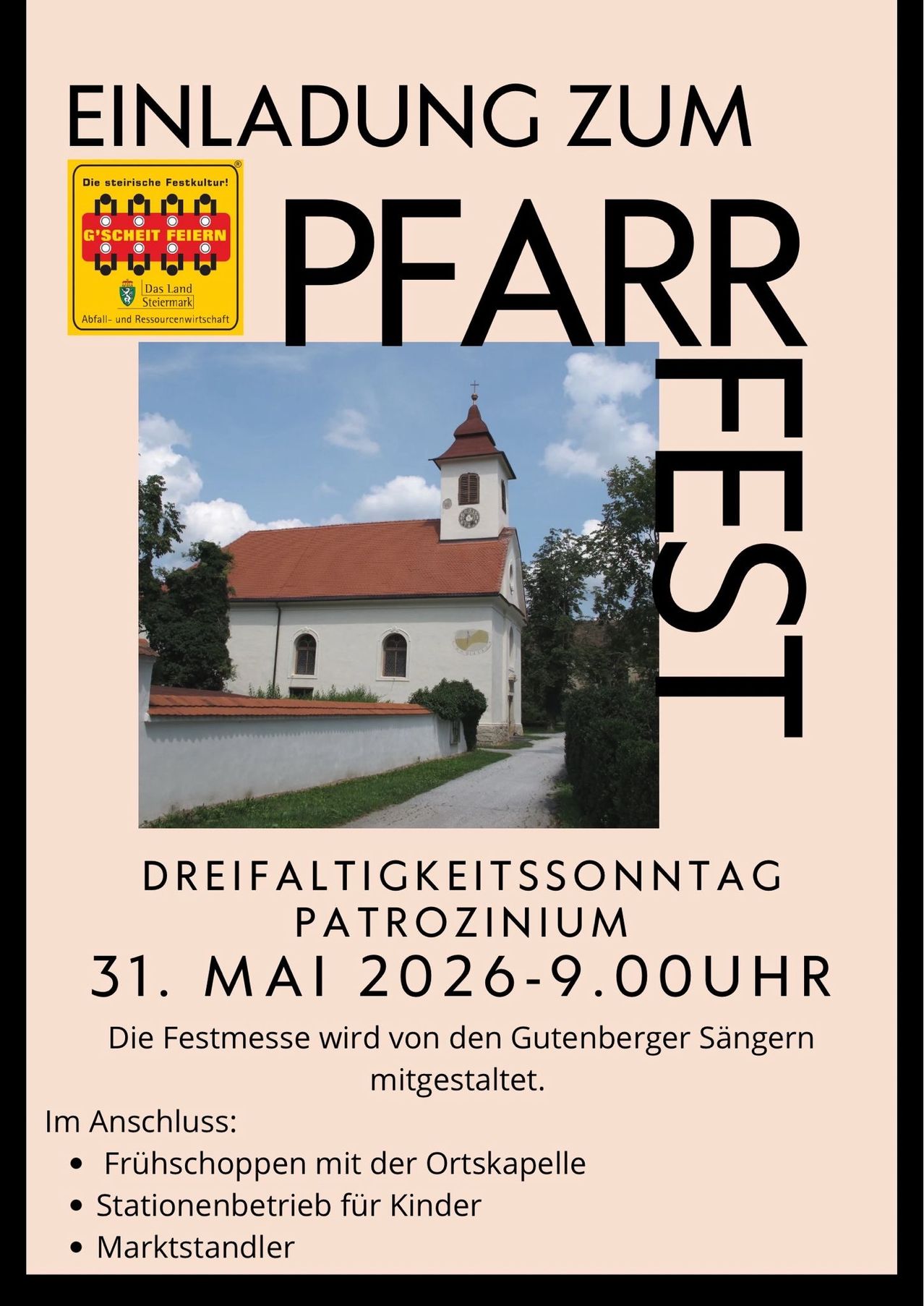 Poster for the Pfarr Fest event, featuring a church and a logo, on May 31, 2026. The event will be hosted by the Gutenberger Singers.
