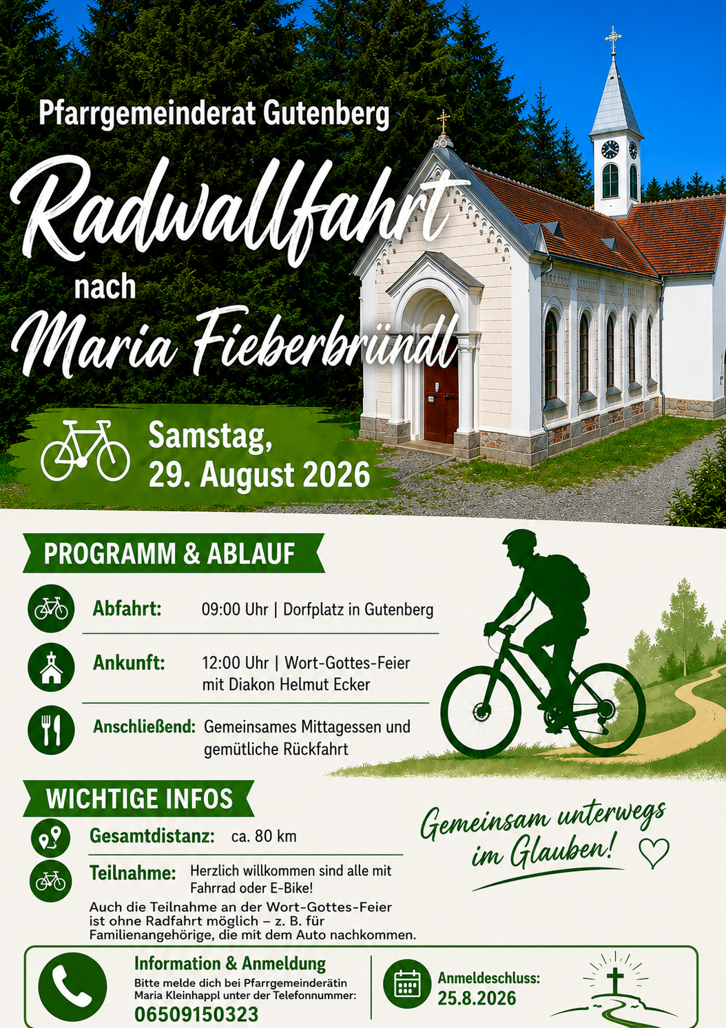 Plakat für eine Fahrradwallfahrt am 29. August 2026 mit einer Kirche, einem Fahrer und einem Zeitplan. Abfahrt um 09:00 Uhr vom Dorfplatz in Gutenberg, Ankunft um 12:00 Uhr für eine Feier mit Diakon Helmut Ecker und Abschluss mit einem gemeinsamen Mittagessen und einer gefühlvollen Rückfahrt.