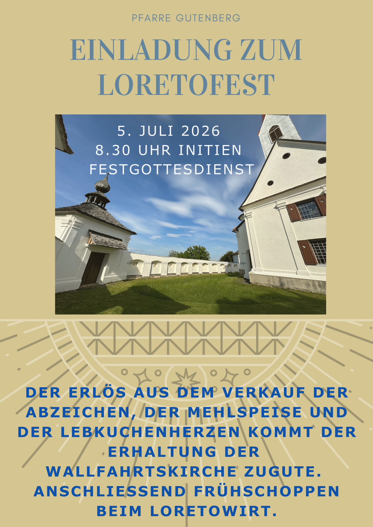 Ein Plakat bewirbt das Loretofest, geplant für den 5. Juli 2026, mit einem anfänglichen Gottesdienst um 20:30 Uhr. Es zeigt ein Bild einer Kirche und des umgebenden Rasens.