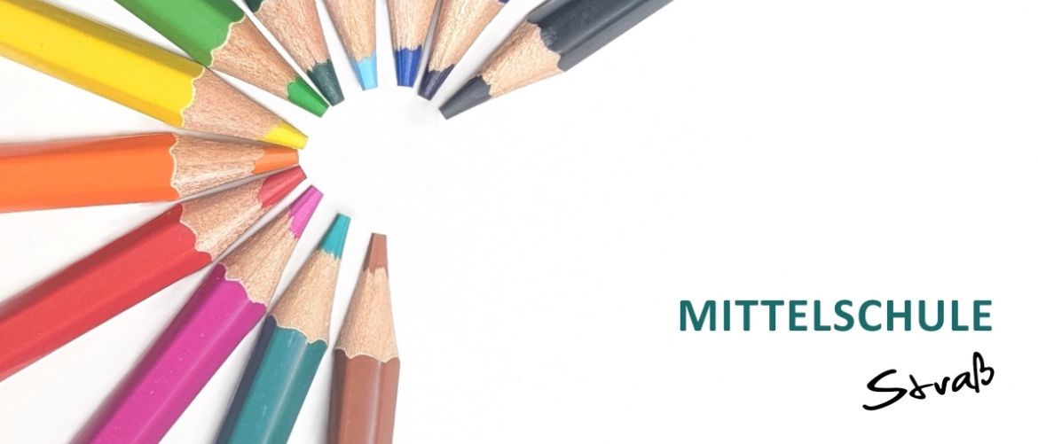 Buntstifte in verschiedenen Farben in einem Kreis auf weißem Hintergrund angeordnet. Der Begriff 'Mittels' steht in Grün unter dem Kreis.