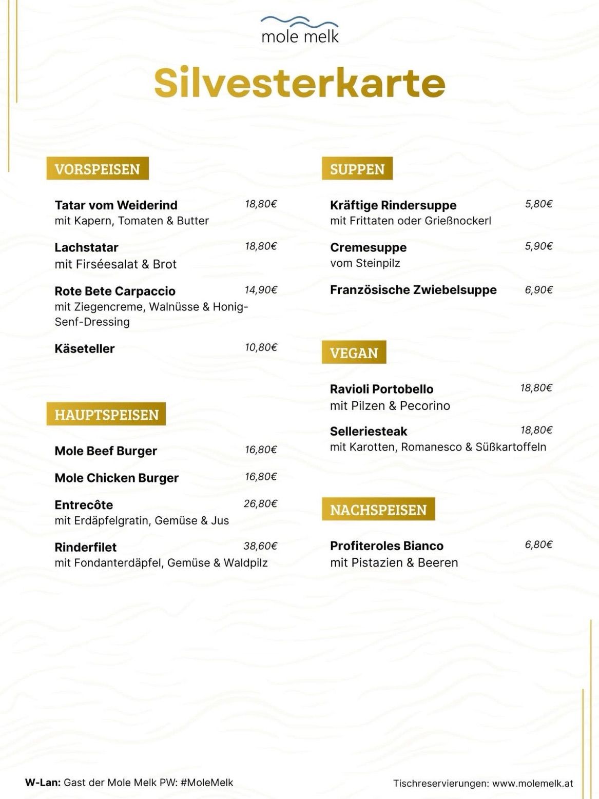 Das Menü besteht aus Rind- und Hähnchenburgern, Entrecôte und Filet. Es werden auch Suppen, Salate und Desserts angeboten. Jedes Gericht enthält spezifische Zutaten und Preise.