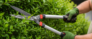 Eine Person mit grünen Handschuhen beschneidet einen Busch mit einer Gartenschere.