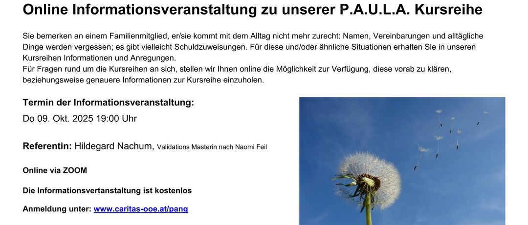 Eine Informationsveranstaltung zur P.A.U.L.A. Kursreihe. Kostenlose Online-Informationen und Anmeldung. Gehostet von Hildegard Nachum, einer Naomi Feil Validation Master. Am 24. Mai 2025 um 19:00. Zoom-Link wird bereitgestellt.