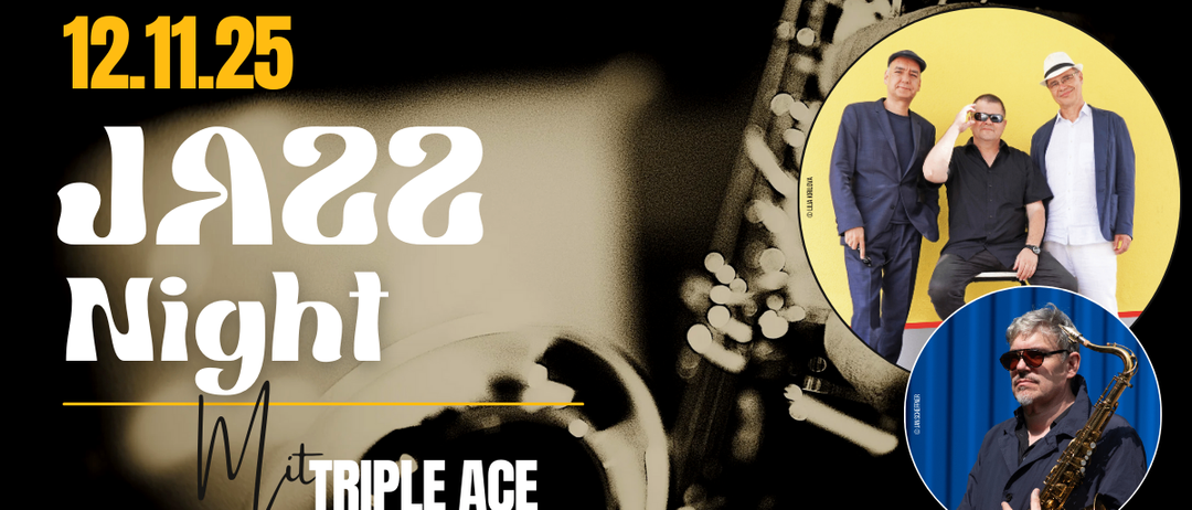 Eine Werbung für eine Veranstaltung mit einem Saxophon, zwei Männern und einem Logo für Cube49 Eventlocation.