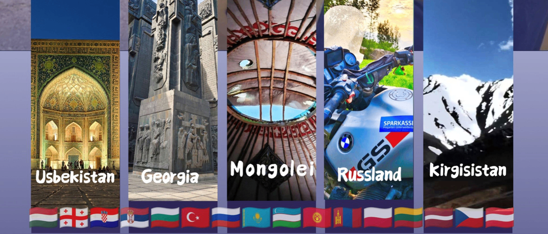 Ein Mann in einem gelben Jacke steht in der Wüste mit Bergen im Hintergrund. Unten steht Werner Frieske geschrieben. Zusätzliche Bilder umfassen eine Moschee, ein Denkmal, eine Kuppel und einen Berg.