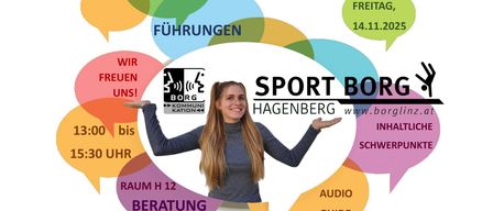 A woman poses for an advertisement for Sport Borg Hagenberg. The event is scheduled for Friday, November 14, 2025. Activities include guides, audio, counseling, and more.