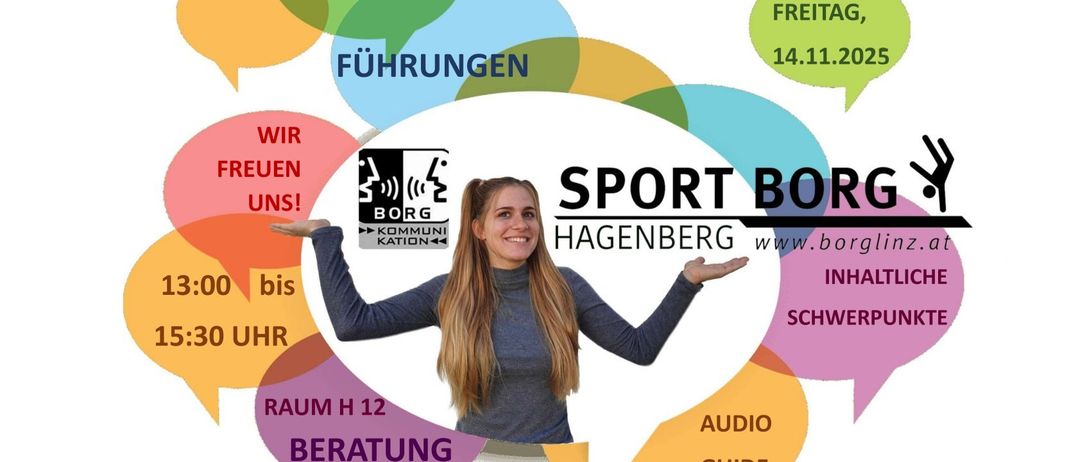 Eine Frau posiert für eine Werbung für Sport Borg Hagenberg. Die Veranstaltung ist für Freitag, 14. November 2025 geplant. Aktivitäten umfassen Führungen, Audio, Beratung und mehr.