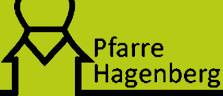 Ein schwarz-weißes Kirchensymbol mit einem Kreuz oben und den Worten 'Pfarre Hagenberg' auf einem leuchtend gelben Hintergrund.