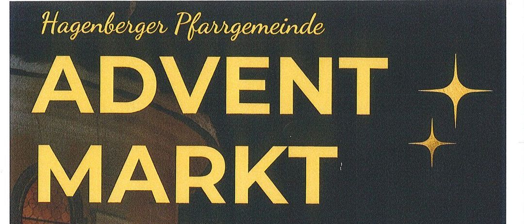Plakat für einen Adventsmarkt auf dem Kirchplatz, Pfarrzentrum und Schlosssaal. Samstag 29.11.2025 von 15 bis 21 Uhr, Sonntag 30.11.2025 von 9 bis 15 Uhr.