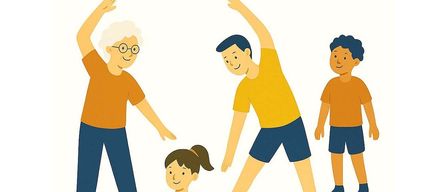 Ein Bild zeigt Menschen unterschiedlichen Alters, die an einem Gruppenfitnesskurs teilnehmen. Der Titel lautet 'Turnen mit Gerhard für alle Altersgruppen' mit einem Aufruf zum Mitmachen 'Komm und mach mit!' am unteren Rand.