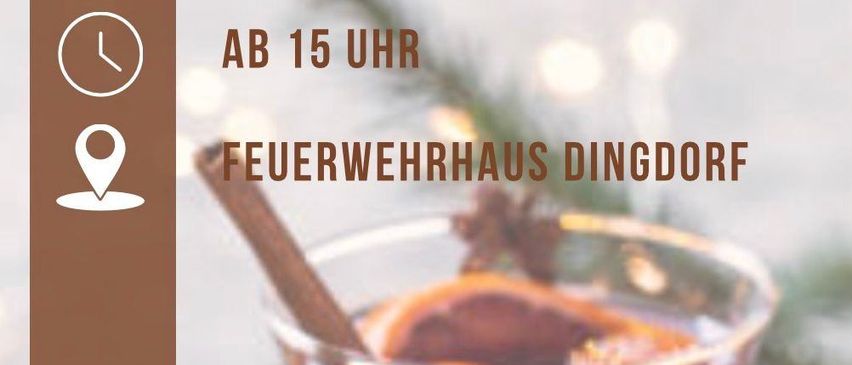 Ein Plakat bewirbt ein Punschstand-Event bei der Feuerwehr Dingdorf am 5. Januar 2026 ab 15 Uhr. Zwei Gläser Glühwein mit Orangen und Zimt sind abgebildet.