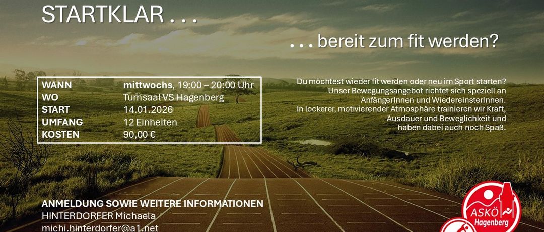Fitness-Event am Mittwoch, 19:00-20:00 im Turnsaal VS Hagenberg am 14.01.2026. 12 Einheiten für 90,00€. Kontaktiere Michaela unter er@a1.net für weitere Informationen.