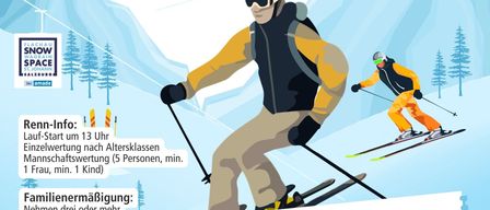 Plakat für die Skiveranstaltung Snow Space Flachau mit zwei Skifahrern. Details zur Veranstaltung umfassen Startzeit, Altersanforderungen, Familienrabatte und Kosten.